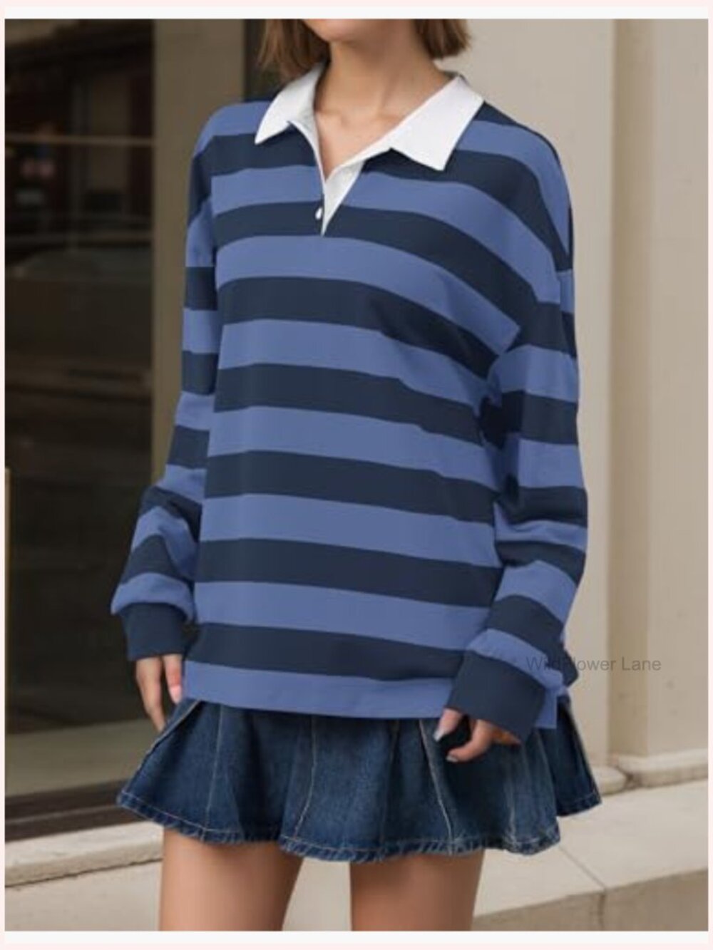Striped Rugby Polo Sweatshirt Oversized Long Sleeve V Neck Y2K Pullover Top - Picture 2 of 6
